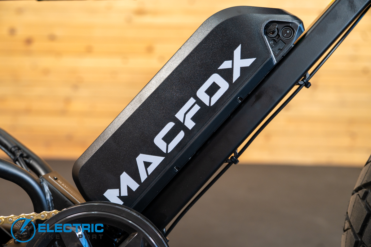 Macfox X7 electric bike battery compartment close-up detail