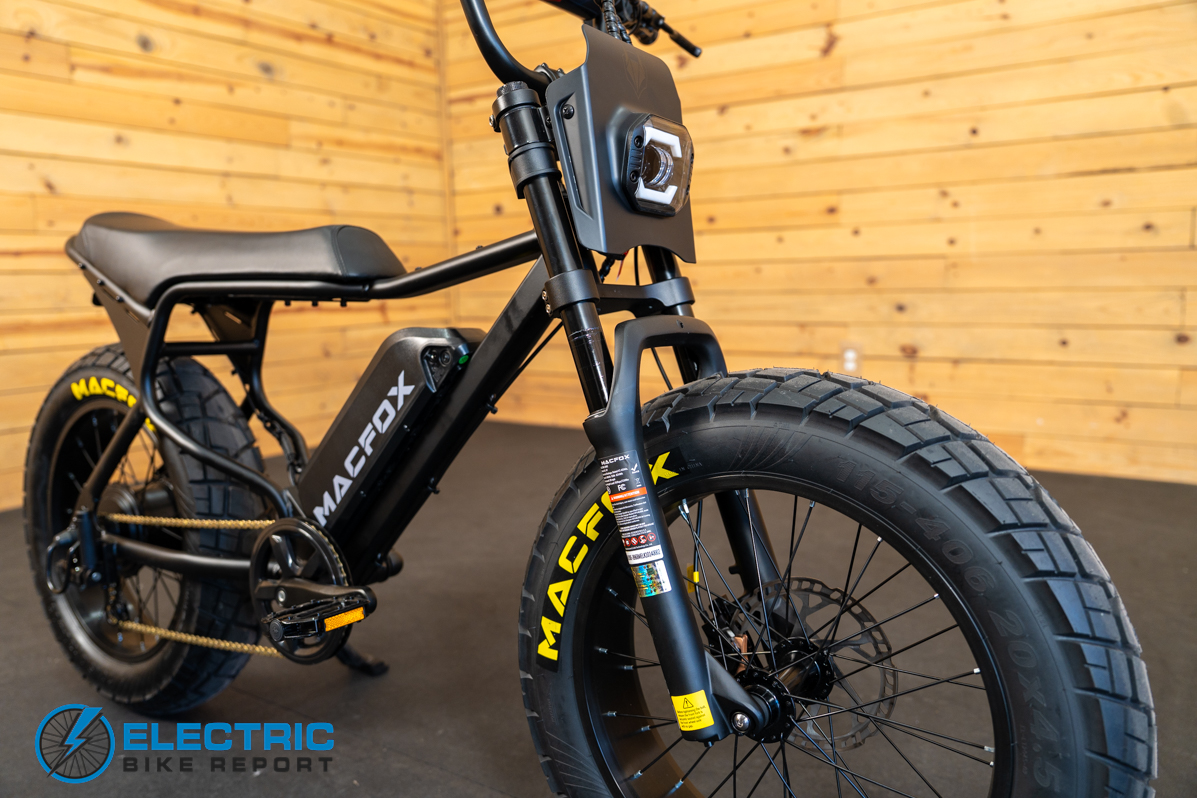 Macfox X7 electric bike front suspension fork close-up detail