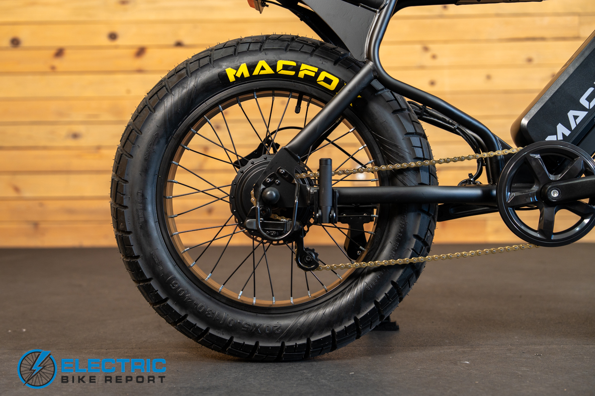 Macfox X7 electric bike rear wheel closeup showing hub motor and tire detail