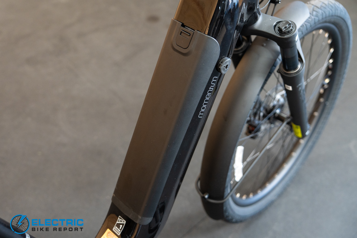 Momentum Vida E+ EX battery pack detail view on integrated frame mount