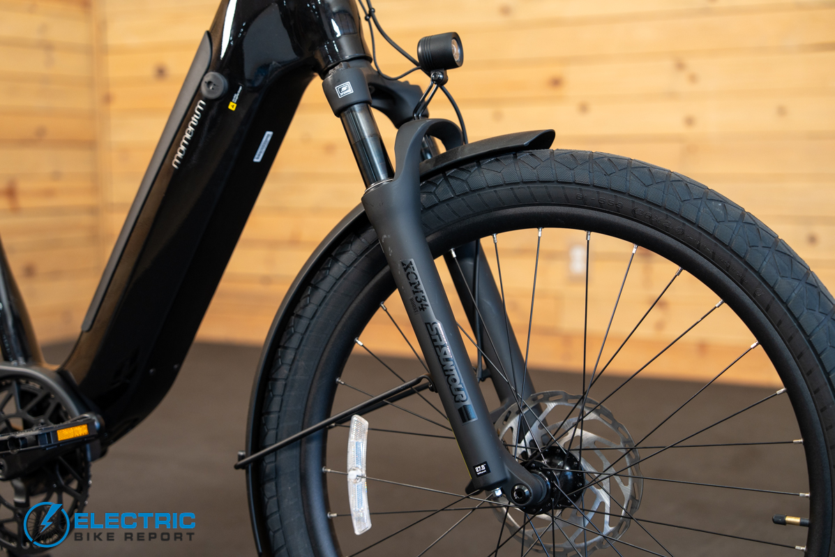 Momentum Vida E+ EX front suspension fork close-up detail