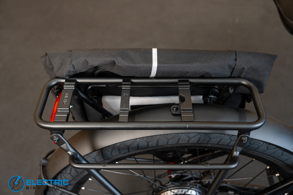 Momentum Vida E+ EX rear rack detail showing integrated cargo carrying capability