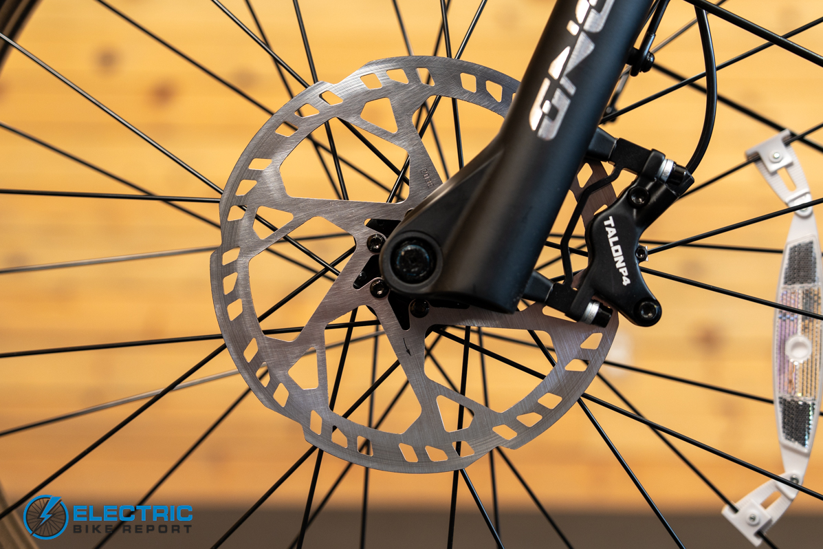 Monarc Marker HS front brake caliper close-up detail on full suspension electric bike