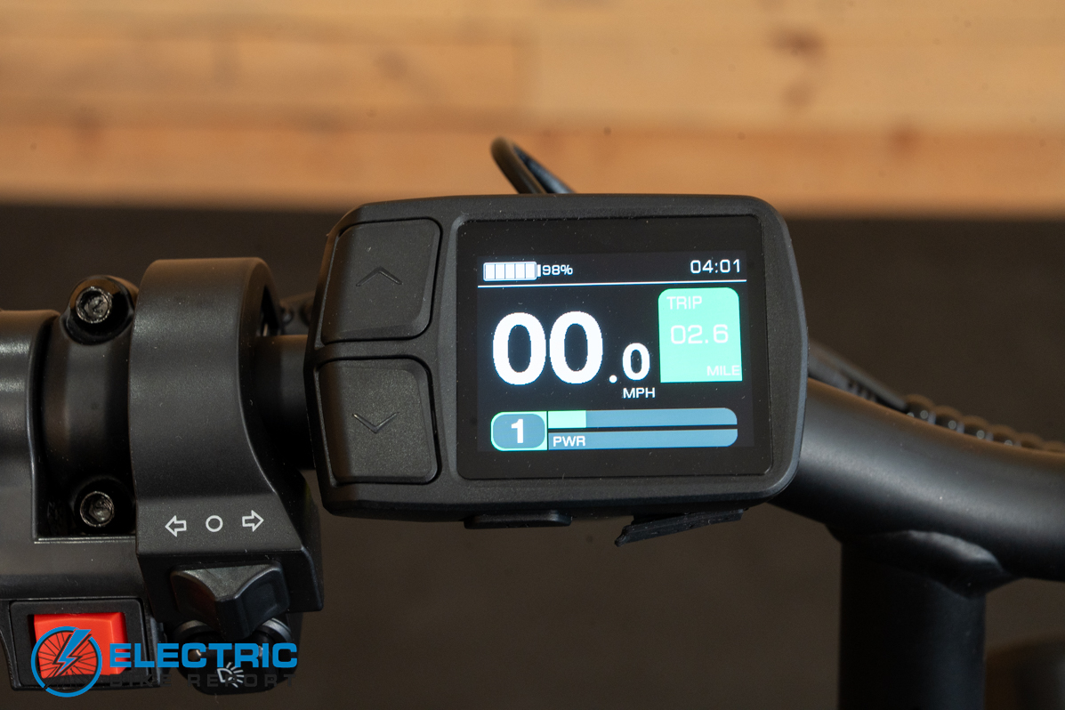 PEDAL AWD electric bike display screen showing ride metrics and settings