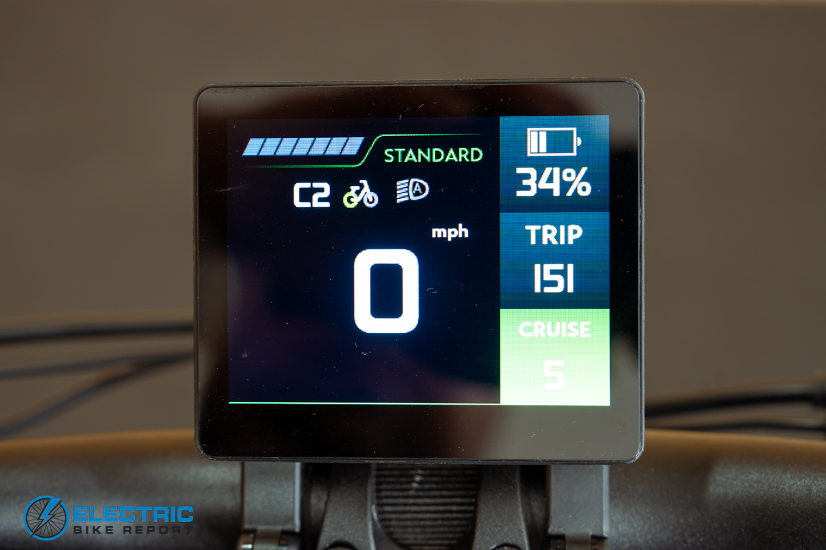 Pedego Latch 2 electric bike display screen showing control settings and battery information