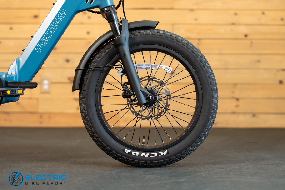 Pedego Latch 2 electric bike front wheel close-up detail
