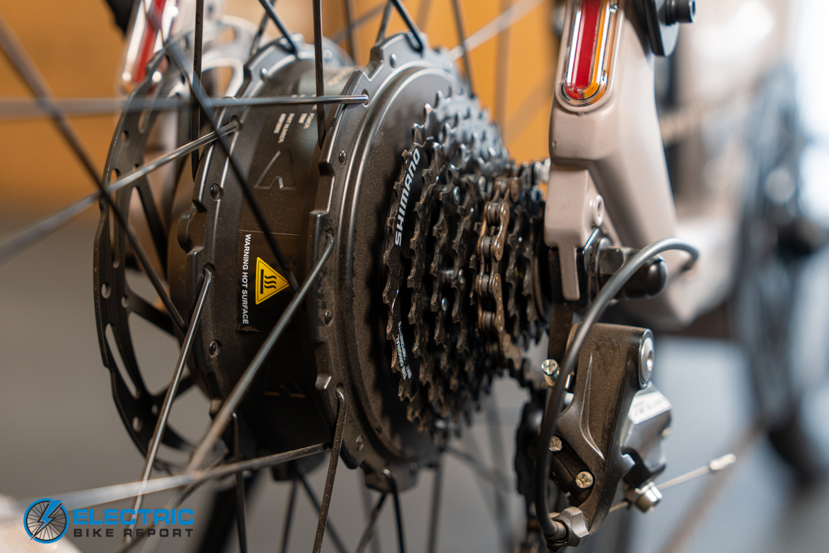 Pedego Ridge Rider 2 cassette drivetrain close-up showing rear gears and sprockets