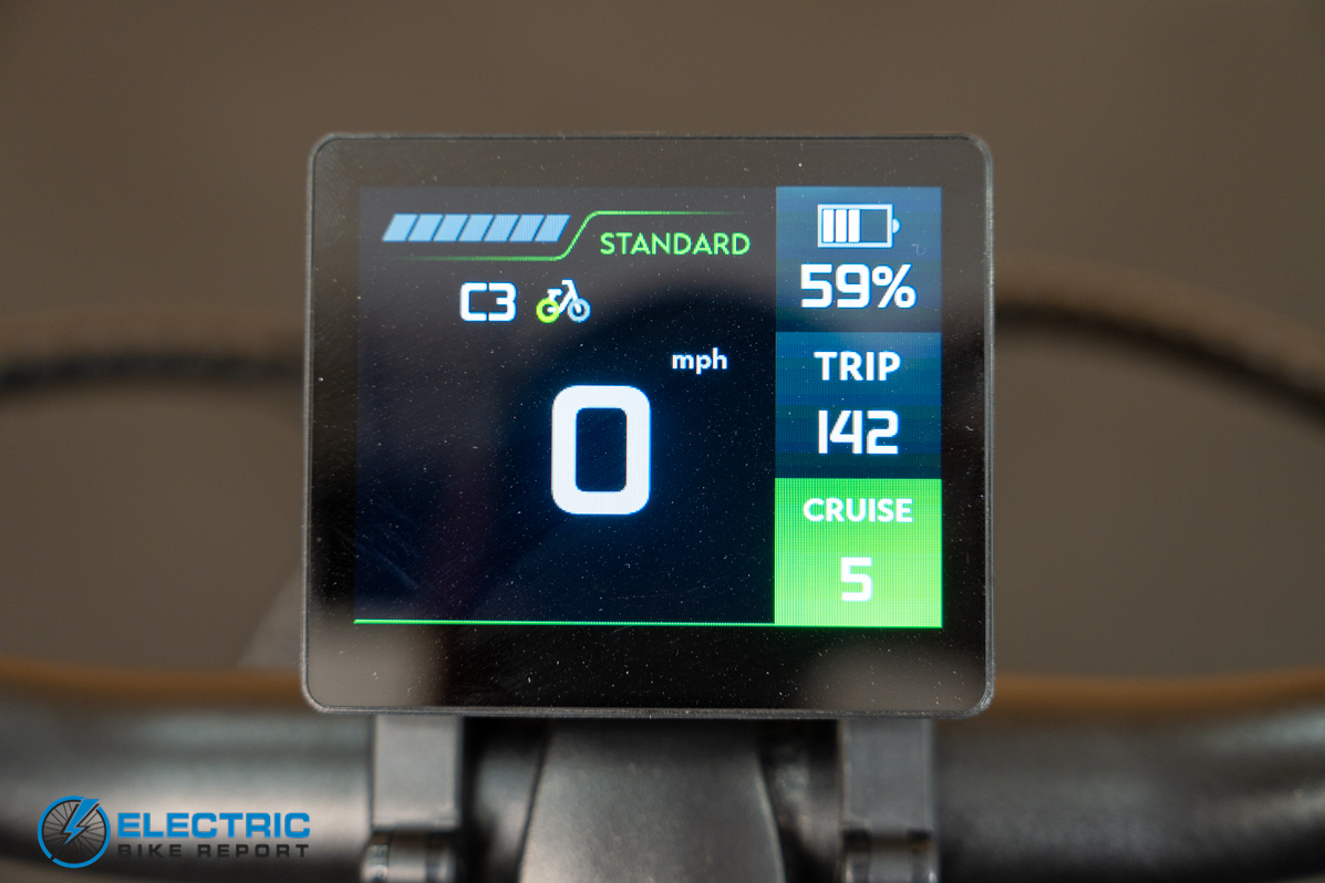 Pedego Ridge Rider 2 display screen close-up showing battery level and assist settings