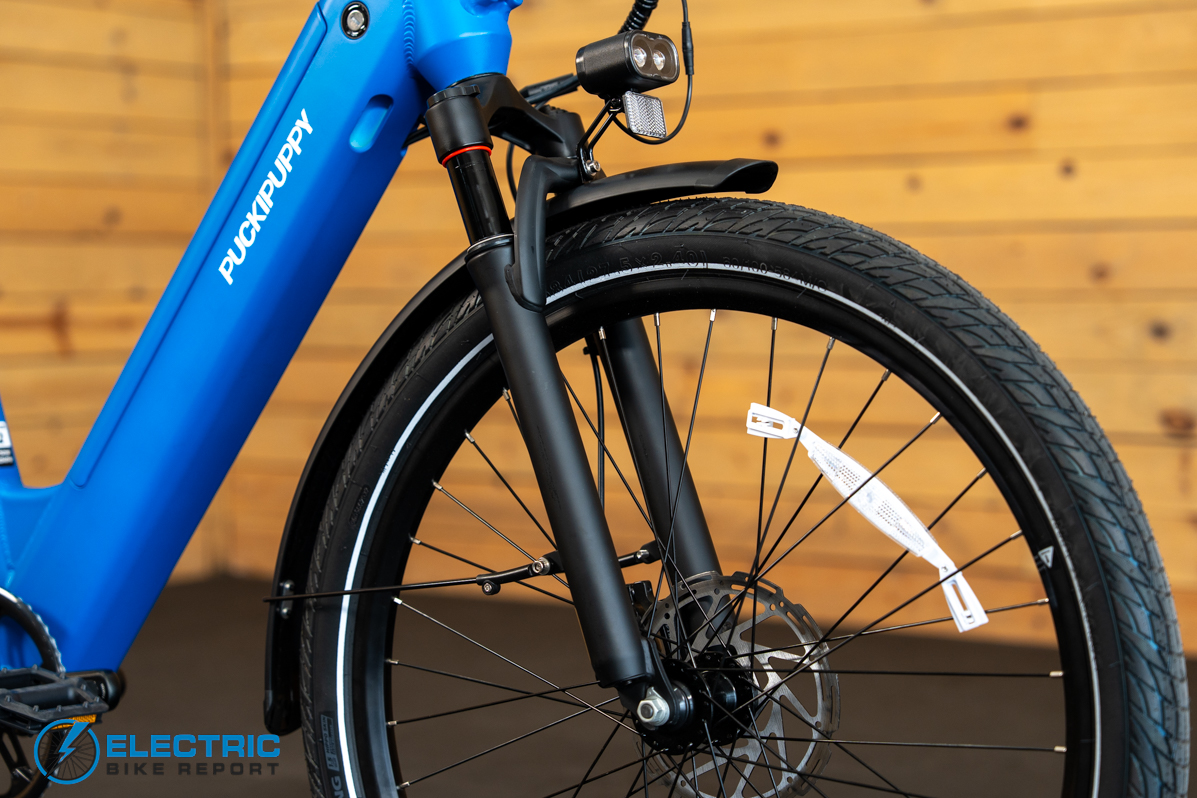 Puckipuppy Poodle Pro electric bike front fork suspension detail close-up