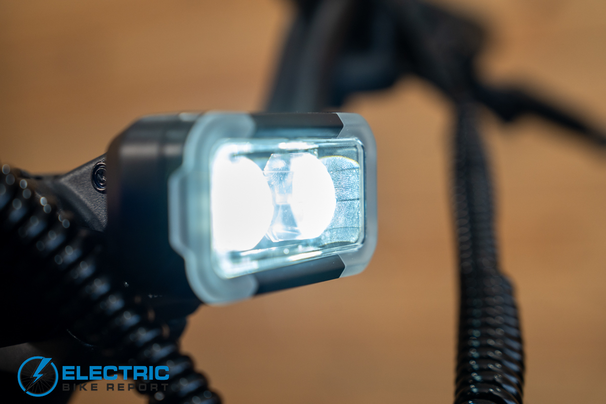 Radio Flyer Loop electric bike headlight illuminated during a night or low light riding test