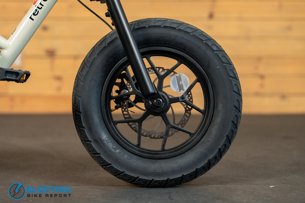 Retrospec Valen Rev 14 electric bike front wheel close-up detail