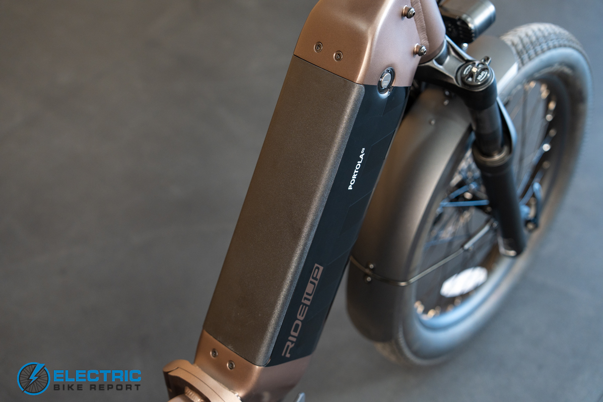 Ride1Up Portola battery pack detail view on the electric bike frame