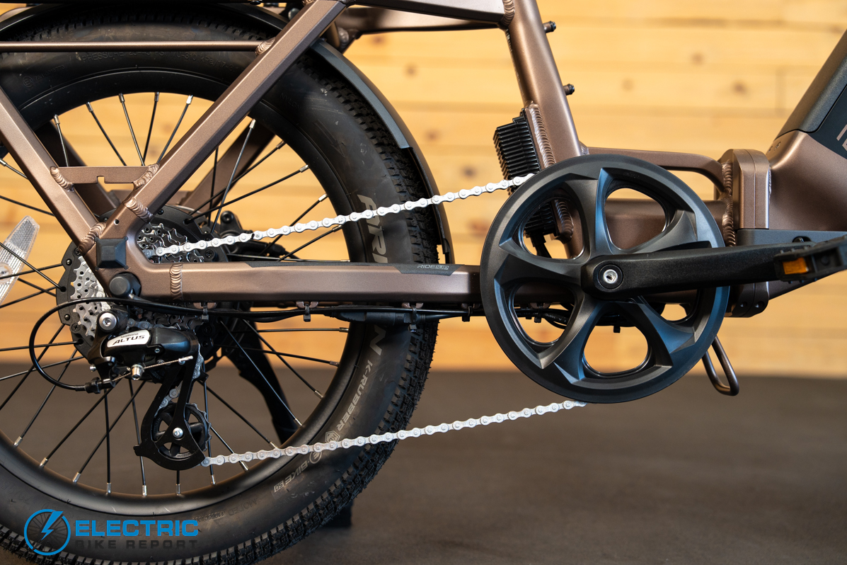 Ride1Up Portola electric bike drivetrain showing rear cassette and derailleur components