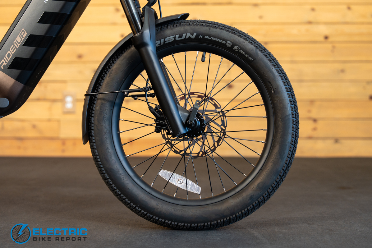 Ride1Up Portola front wheel detail close-up electric bike review