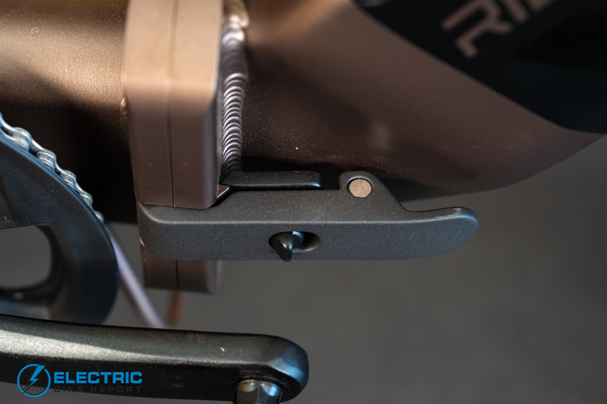 Ride1Up Portola mid-frame folding latch mechanism close-up detail