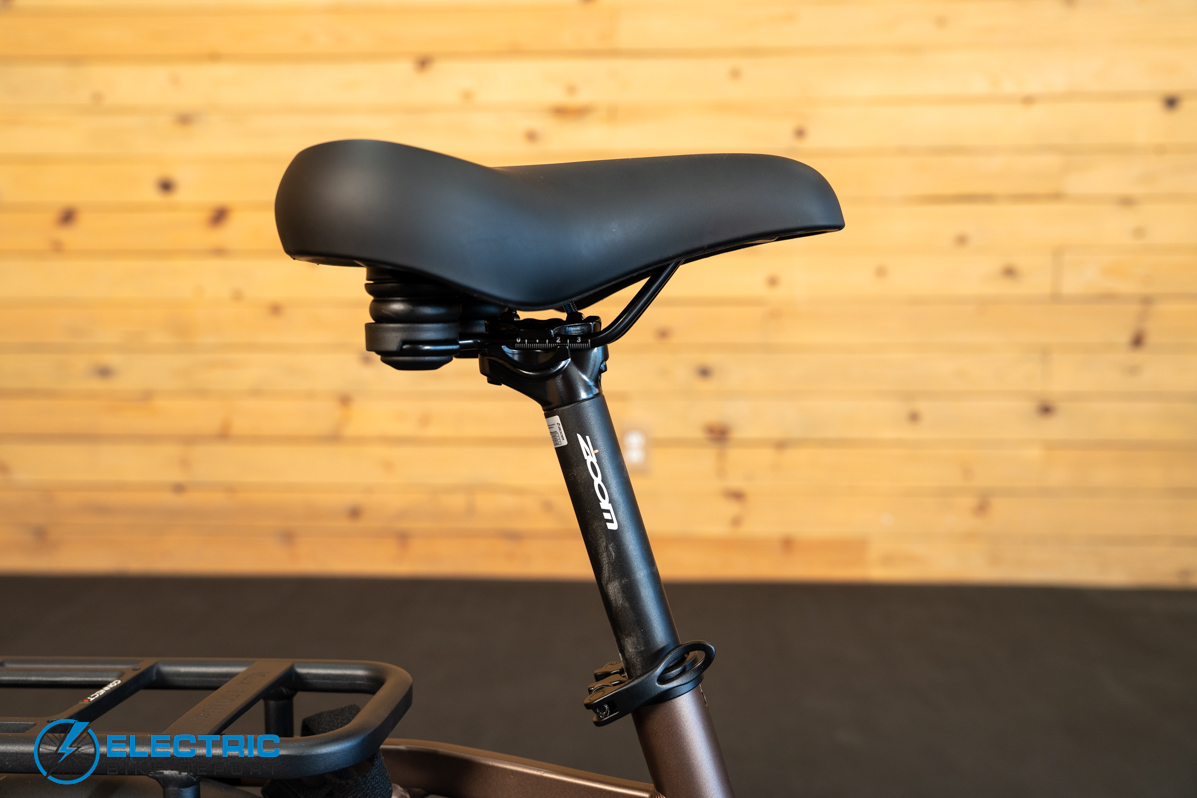 Ride1Up Portola saddle and seat post detail view on the electric bike