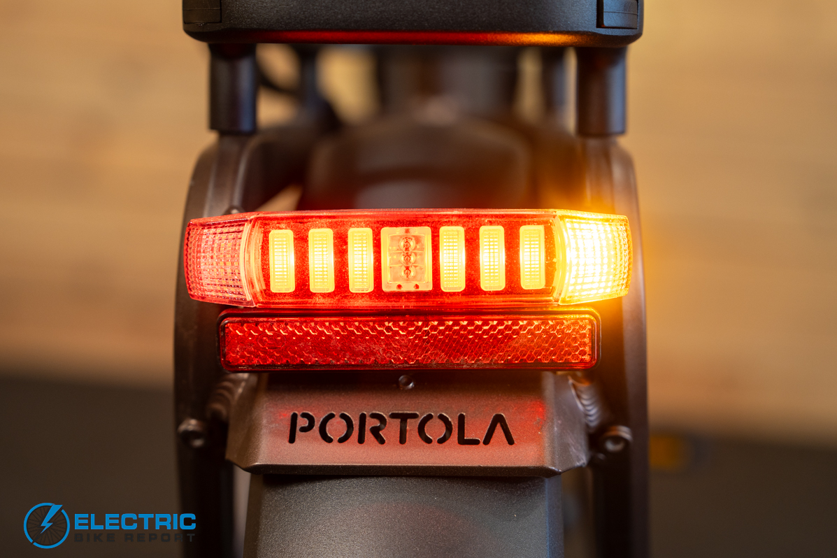 Ride1Up Portola taillight with right turn signal indicator on the rear of the electric bike