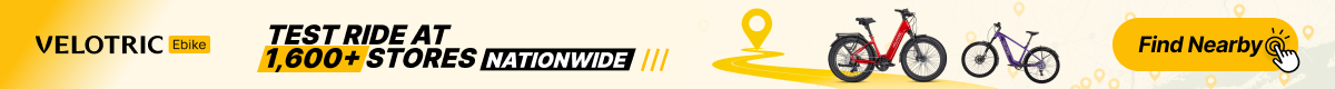 Promotional banner for Velocitic Ebike: test rides at 1,600+ stores nationwide, showing bikes and a Find Nearby button.