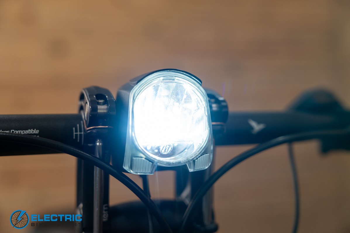 Tern HSD P10e electric bike headlight illuminated during a night or low light riding test
