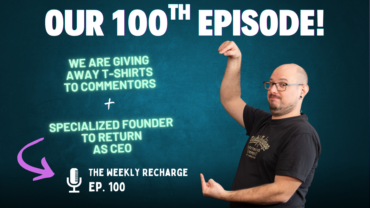 Electric Bike Report Weekly Recharge episode 100 podcast milestone graphic