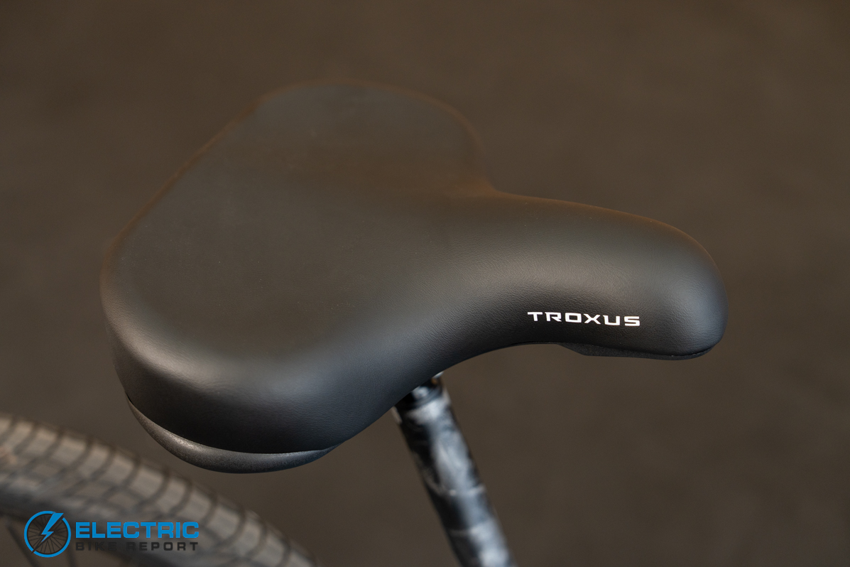 Troxus Trax Whim IQ electric bike saddle close-up detail view