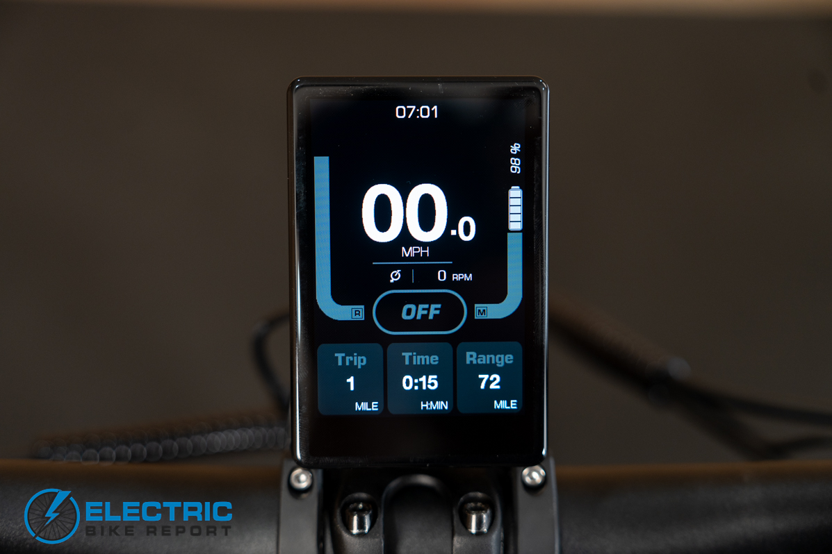 Urtopia Carbon Atom electric bike display screen showing ride data and controls