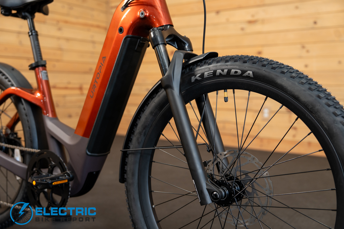 Urtopia Carbon Atom electric bike front fork detail close-up