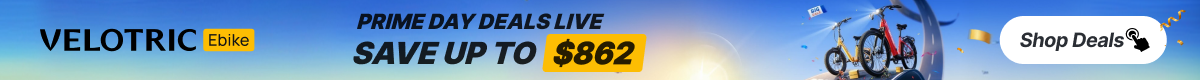 Velotric Ebike banner: logo left, bold 'Prime Day Deals Live' and 'Save up to $862' in a yellow badge, bikes on the right, and a 'Shop Deals' button.