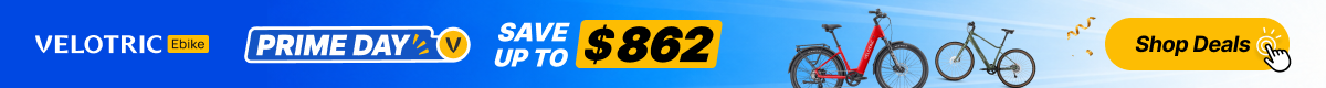 Promotional banner: Velotric eBikes Prime Day, 'Save up to $862', two bikes on the right, and a yellow 'Shop Deals' call-to-action.
